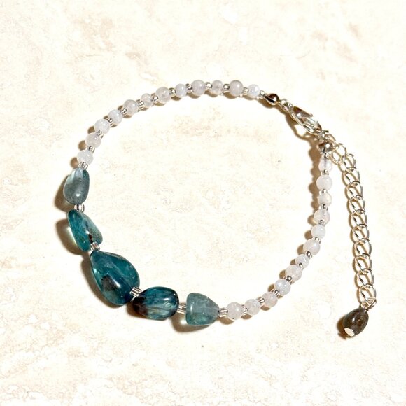 Genuine Natural Gemstone Apatite Rainbow Moonstone Bracelet, Dainty & Elegant - Picture 1 of 14